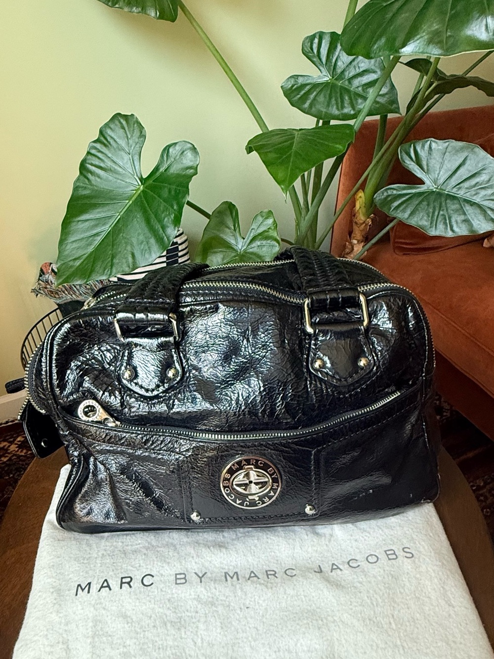 Marc by Marc Jacobs Black Patent Leather Satchel with Logo Medallion